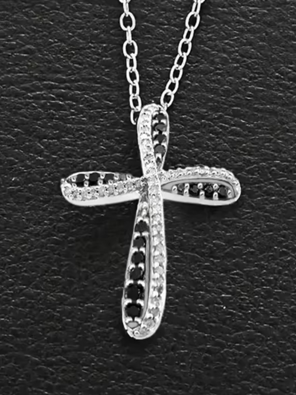 Silver Cross Pendant Necklace with Black and Clear Stones - Picture 4 of 5